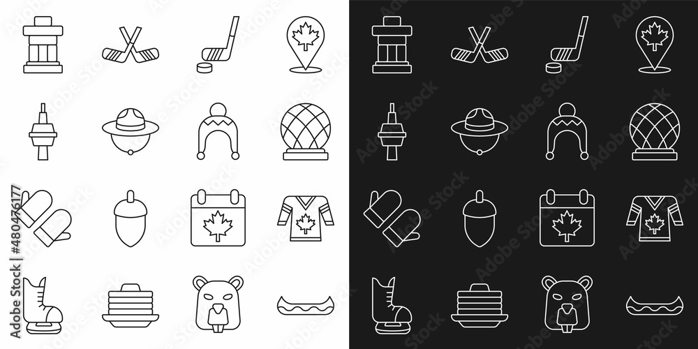 Sticker Set line Kayak, Hockey jersey, Montreal Biosphere, Ice hockey stick and puck, Canadian ranger hat, TV CN Tower in Toronto, Inukshuk and Winter icon. Vector