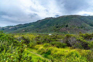 Fototapeta na wymiar Green Rolling Hills With a Camper Van on the California Coastal Highway on a Cloudy Day