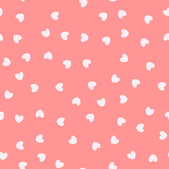 Seamless pattern with hearts. Abstract pastel pattern with white hearts. Random, chaotic pink background with cute confetti.