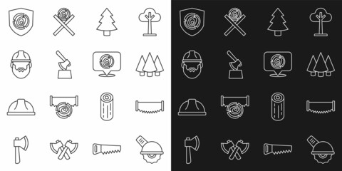 Set line Electric circular saw, Two-handed, Christmas tree, Wooden axe in stump, Lumberjack, logs and icon. Vector