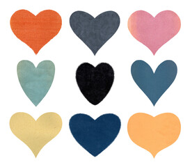 Set of nine hearts with textures. The collection includes: multicolored paper and canvas. Perfect for design.