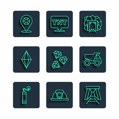 Set line Dynamite, Miner helmet, entrance, Gem stone, and Mining dump truck icon. Vector
