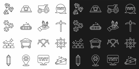 Set line Conveyor belt carrying coal, Bucket wheel excavator, Pickaxe, Mining dump truck, Gem stone, and icon. Vector
