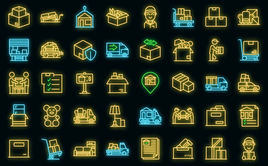 Moving house services icons set vector neon