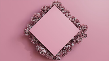 Diamond Floral Frame with Peony Border. Pink, Mother's Day or Valentine concept with copy space.