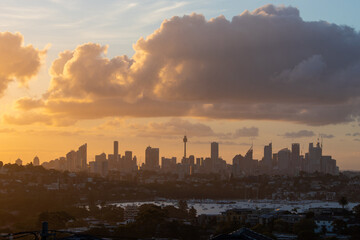 Sunset view of Sydney CBD skyline.