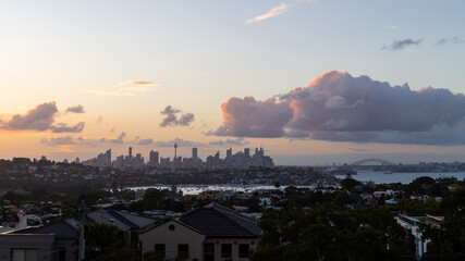 Scenic view of Sydney skyline at sunset time.