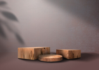 Wooden exhibition podium. Outdoor showcase. Brown Backdrop. 3D Background. Branch shadow with Leaves. Stand with Wood texture. Tropical Leave. Cosmetic display product. Group pedestals. 3D rendering