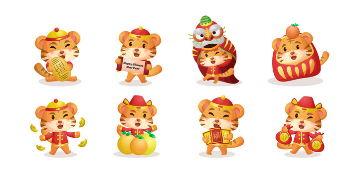 Chinese new year of tiger zodiac celebration cute cartoon characters collection