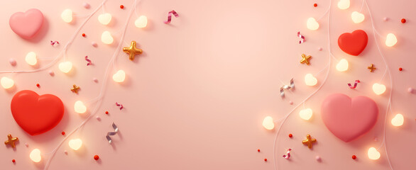 Valentines day banner with red and pink hearts background. 3D illustration