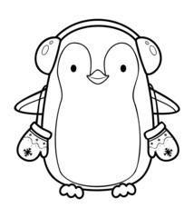 Christmas coloring book or page. Christmas penguin black and white  illustration