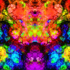 Imagen digital de arte fractal consistente en manchas coloridas aglomeradas creando unas formas fantasmagóricas en un conjunto caleidoscópico.