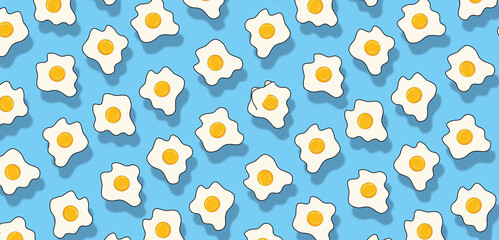 Funky Egg Pattern On Blue background with shadows. Fried Eggs Seamless. Food Motion Abstract Minimal  background