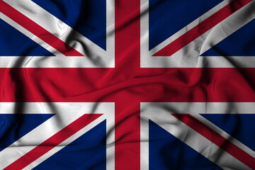 selective focus of United Kingdom flag, with waving fabric texture. 3d illustration