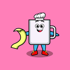 Cute cartoon coffee tea cup chef mascot character with menu in hand cute modern style design for t-shirt, sticker, logo elements