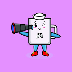 Cute mascot cartoon Coffee tea cup sailor with hat and using binocular cute modern style design for t-shirt, sticker, logo element
