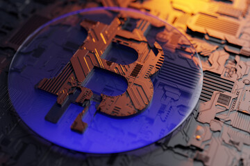 3d illustration of a realistic bitcoin model on the background of a metallic, technological coating of a spaceship or robot. Close up of the cyber armor