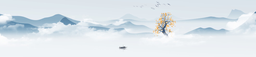 Chinese wind blue landscape painting