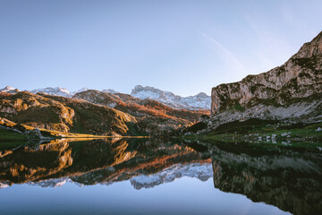 Fototapeta premium Beautiful landscape Cangas de Onis. Scenic view of La Ercina lake (Lago la Ercina), Spain. Landscape in the mountains of the National Park with the name Picos de Europa