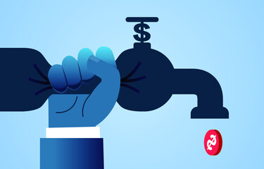 Hand bends the faucet to reduce the amount of dollars flowing out of the faucet, business concept illustration.