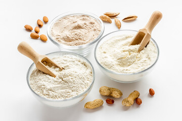 Bowls of various gluten free flour - almond peanut oat and rice buckwheat flour