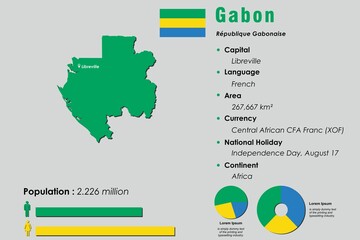 Gabon infographic vector illustration complemented with accurate statistical data. Gabon country information map board and Gabon flat flag