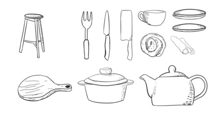 Set of breakfast food and kitchen Scribble