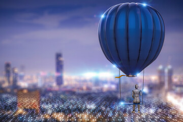 Fototapeta na wymiar Robot on hot air balloon with swing fly in city