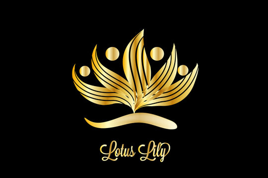 Logo gold lotus flower symbol luxury and beautiful artwork group of people teamwork plant shape garden icon vector image graphic design