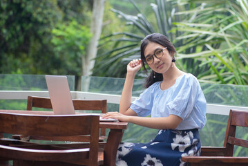 Fototapeta premium College Student Using Laptop, Outdoor.