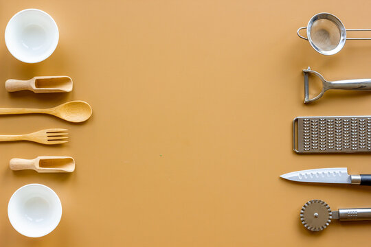 Food cooking background with kitchen utensils and cookware