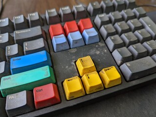 Obraz premium Close up shot of a clean mechanical keyboard on brown wooden desk
