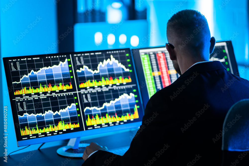 Poster Stock Trader Man Using Multiple Computers
