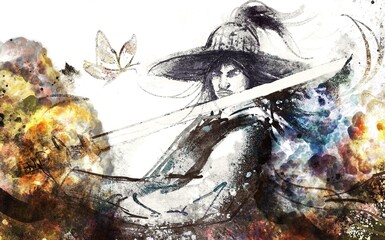 Chinese style Wuxia swordsman ink painting
