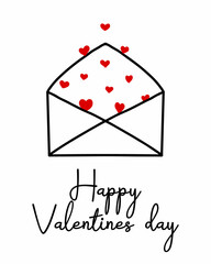 Vector greeting card happy valentine's day. Illustration of envelope with hearts in doodle style. Minimalistic postcard for valentine's day.