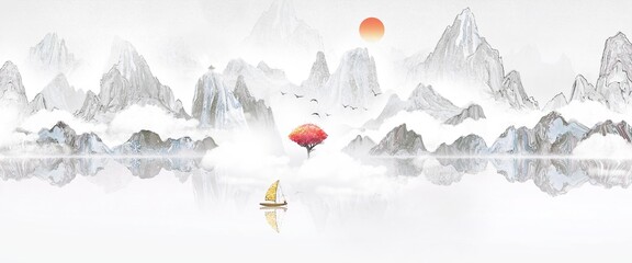 Hand drawn background of Chinese style ink landscape painting - obrazy, fototapety, plakaty