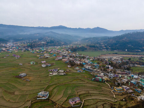 Aerial View Of Baijnath City. Drone Shot Of Bageshwar District.