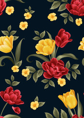 Seamless pattern of Tulip flowers background template. Vector set of floral element for tropical print, wedding invitations, greeting card, brochure, banners and fashion design.