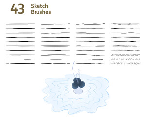 Set of 43 unique sketch art brushes for illustrator, drawing, anime, manga, story book, water effect, lino cut, sumi-e. Created using AI CS6.