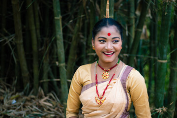 girl smiling face isolated dressed in traditional wearing on festival with blurred background