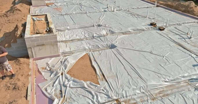 Aerial view with PVC pipe for building sewage drainage systems underground for new home