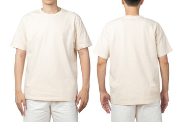 Young man in blank beige t-shirt mockup front and back used as design template, isolated on white...