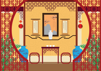Modern chinese living room interior background with furniture in Chinese style.