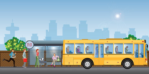 Passengers at the bus stop on city view. © Zentangle