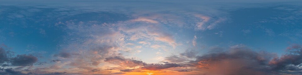 Dark blue sunset sky panorama with Cirrus clouds. Seamless hdr pano in spherical equirectangular...