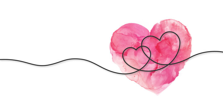 Continuous line drawing of love sign with two hearts embrace with pink watercolor heart paint isolated on white background.