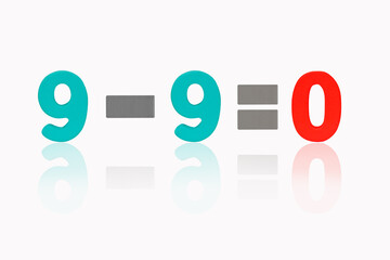 Nine minus Nine equals zero 9-9=0. Isolated on white background. Image of simple math addition operation for kids, math operation to enhance brain skills. Plus, minus, multiply, divide.