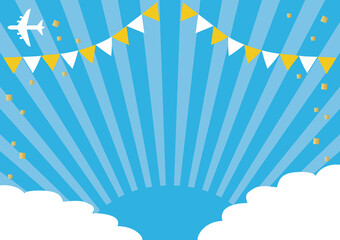 広告　WEB　夏　空　飛行機　雲　ガーランド　サンバースト　フレーム　コピースペース　背景　バックグラウンド　イベント　フェア　イラスト素材