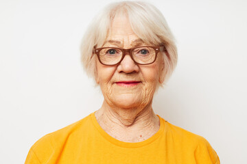 Photo of retired old lady vision problems with glasses isolated background