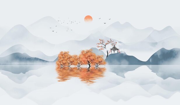 Chinese style artistic conception ink landscape painting